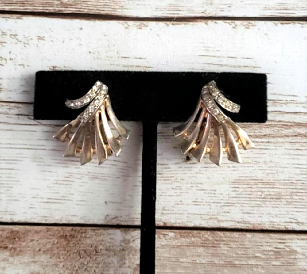 Vintage Clip On Earrings Gold Tone Flourish with Clear Gems